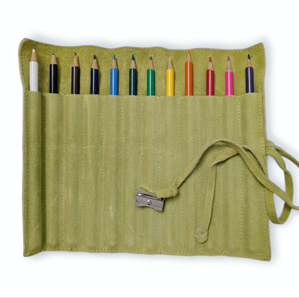 VINTAGE Artist Colored Pencils Travel Set Vintage Suede Drawing Case